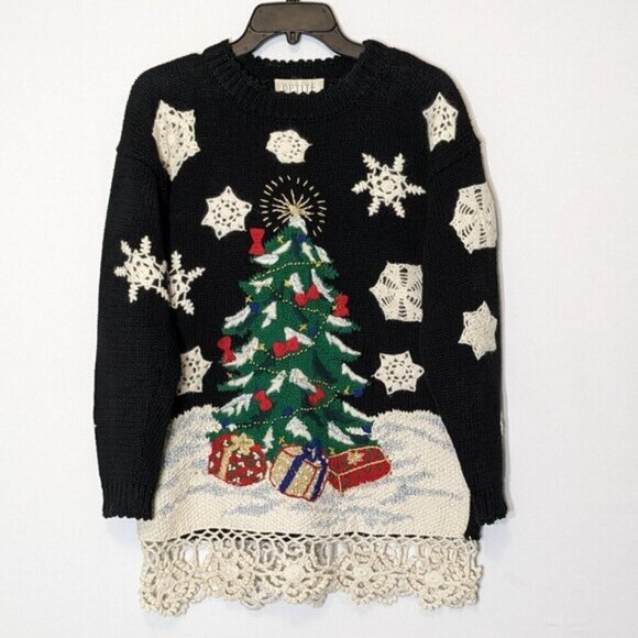 PETITE SOPHISTICATE Black, White Christmas Sweater; Crochet, Beads; Size S - Picture 1 of 4